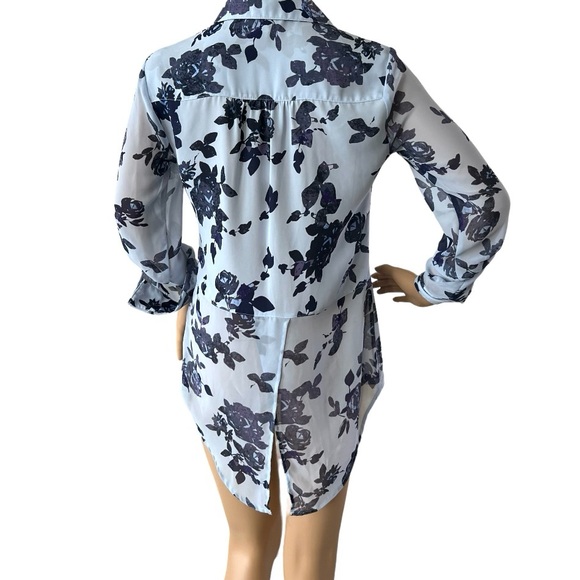 Candies Floral Button Blouse Roll Tab Sleeves Hi Low - Picture 3 of 5